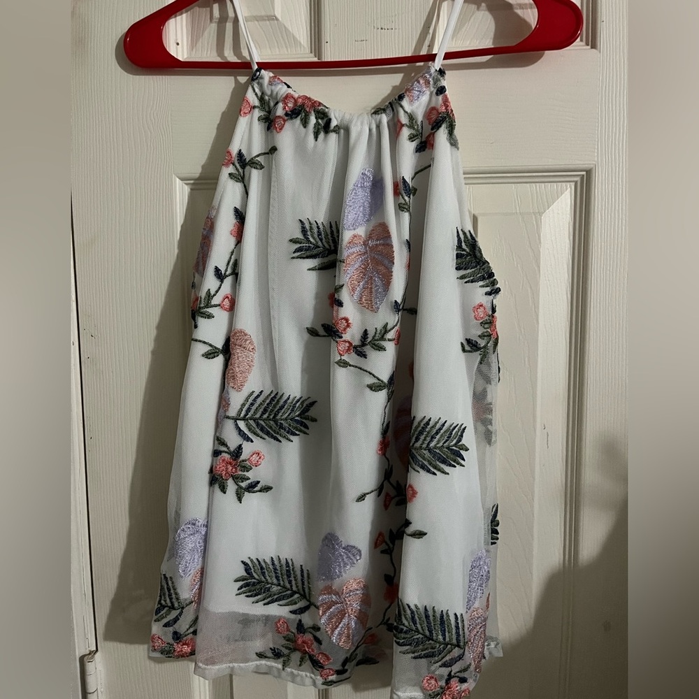 White Embroidered Floral and Mesh Top
